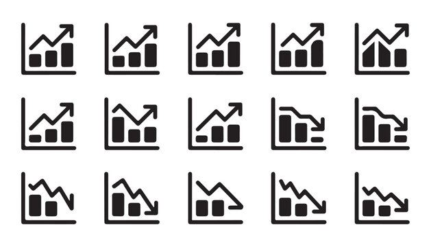 Set of black icons representing business bar charts and various growing economic trends.