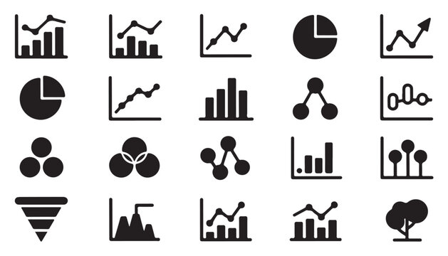 Advanced data visualization icons featuring network diagrams Venn charts and funnel analysis.