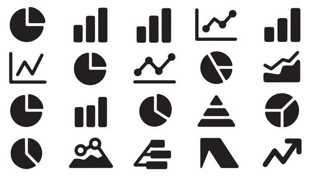 Diverse chart icons including bar graphs, pie charts, line graphs, and pyramid charts.