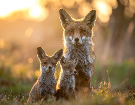 Red Fox Family in Natural Habitat.