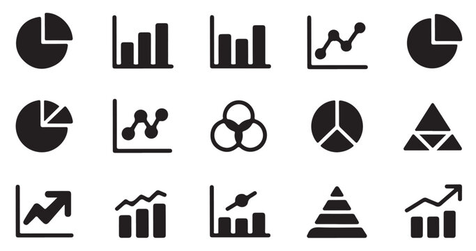 Business data visualization icons set featuring pie charts bar graphs and pyramid diagrams.