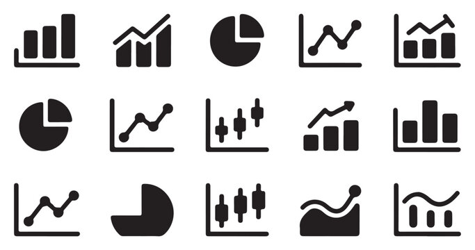 Stock market trading analysis icons including line graphs candlesticks and circular charts.