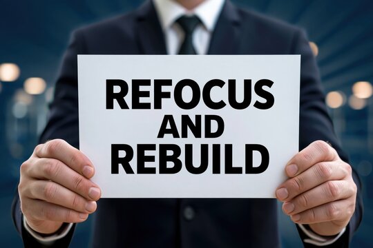 Corporate leader holding refocus and rebuild business sign