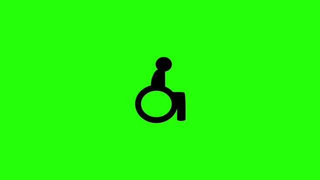 4K resolution video of a disabled patient character sitting on a medical wheelchair silhouette bouncing into view. Perfect public accessible web icon asset.