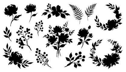 A collection of black floral silhouettes, including peonies, ferns, and berry branches, arranged on a white background. © Hand Made Assets