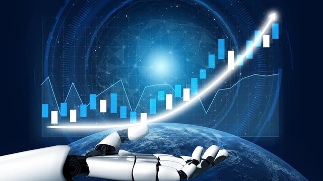 A futuristic robot hand reaches towards a digital growth chart, symbolizing the intersection of technology and finance in a rapidly evolving global market landscape. Copula