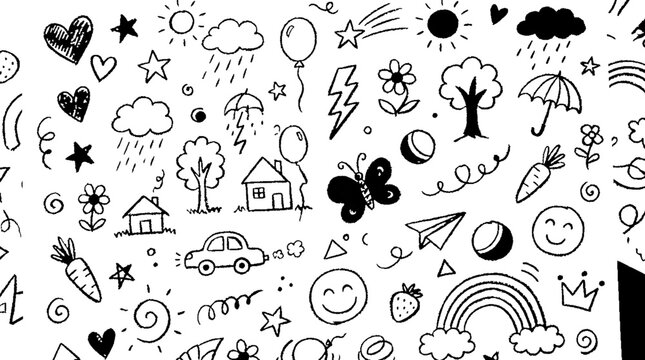 Seamless pattern with hand-drawn cute doodle elements including hearts, stars, clouds, suns, houses, flowers, and rainbows. Vector illustration.