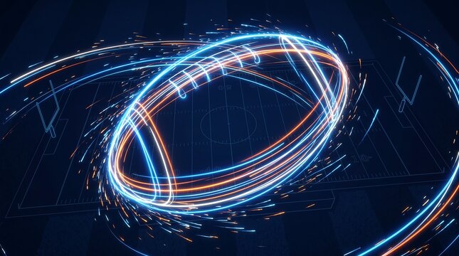 Abstract digital american football illustration featuring dynamic glowing light streaks and neon energy trails on a dark stadium field background