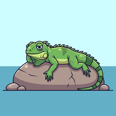 Fototapeta premium Cute Cartoon Iguana Resting on Rock, Relaxed Green Reptile Illustration