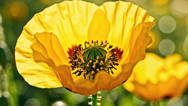 Close up of a vibrant yellow poppy flower with detailed center and green foliage