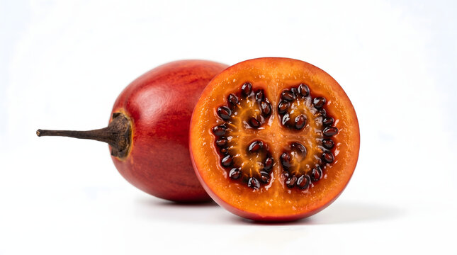 Ripe exotic tamarillo tree tomato fruit whole and cut half showing seeds isolated on white background high quality food photography