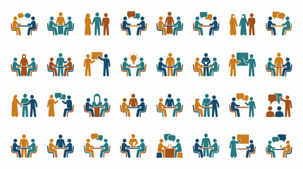 Fototapeta premium Business meeting and teamwork flat vector icons for corporate presentations.