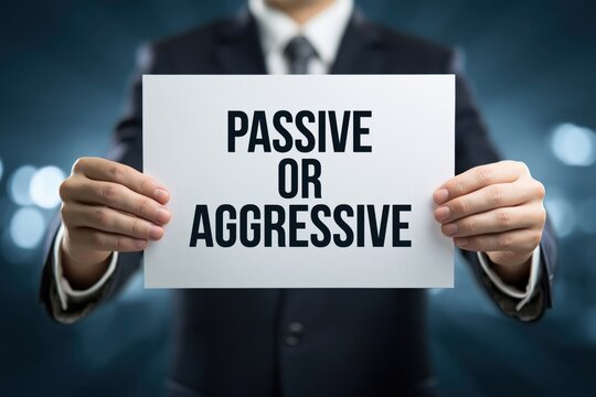 Male professional holding passive or aggressive text on a white sheet.