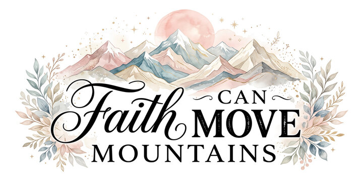 Faith Can Move Mountains Christian Typography with Watercolor Mountain and Floral Design