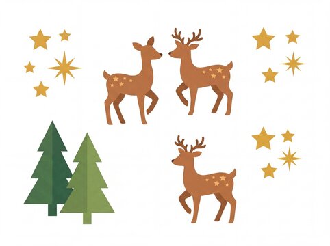Christmas Illustration Set with Cute Deer, Evergreen Trees, and Decorative Stars