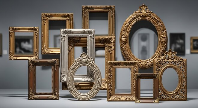 Collection of ornate vintage picture frames on a gray wall