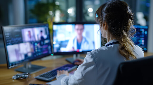 Female doctor in white coat reviewing patient records on dual monitors while video calling a colleague in a dark modern medical office during a late telemedicine shift