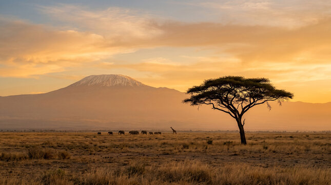 African safari landscape with elephants and Kilimanjaro at sunset