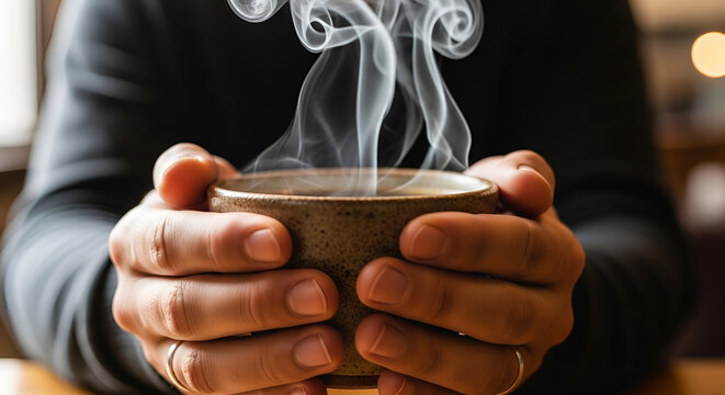 Hands holding steaming hot coffee cup-warmth and comfort