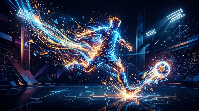 Abstract football design with energetic soccer player kicking glowing neon ball with dynamic light trails in futuristic stadium background