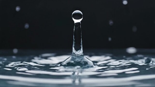 Crown shaped water splash forming on reflective surface against dark backdrop