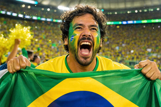 Brazilian Fanatic Roaring: A passionate Brazilian fan with face paint and flag celebrates with intense emotion at a sporting event.