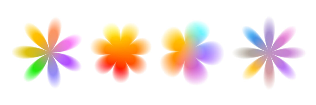 Cute colorful bloom collection with soft gradient petals and glowing blur effect Abstract y2k flower shapes with dreamy aura and smooth floral mesh isolated on white background