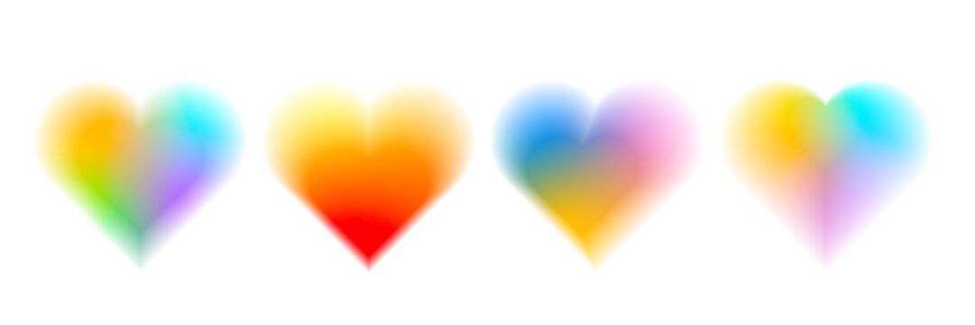 Bright abstract heart icons with blurry gradient color transitions and glowing aura effect Minimal y2k love symbols with soft mesh texture isolated on clean white background