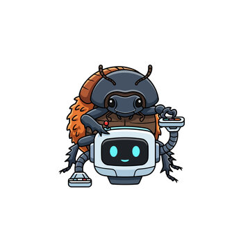 Cute cartoon beetle character on futuristic robot console