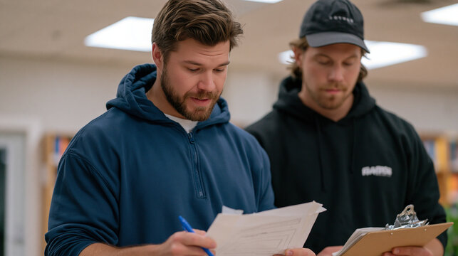 Usability tester frowning at a paper prototype taped to cardboard while a founder watches silently over their shoulder, clipboard in hand, anxious energy captured mid-observation session inside a sp
