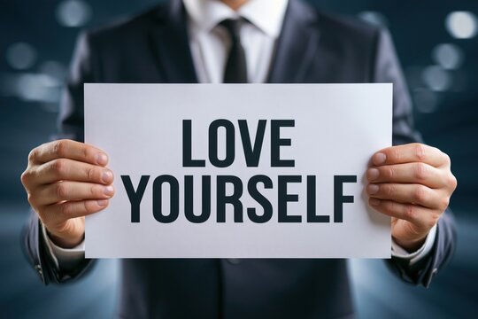 Corporate manager holding paper love yourself text message concept