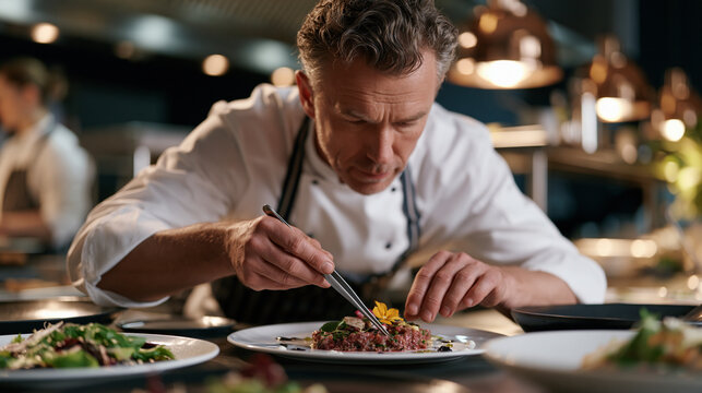 Molecular gastronomy dinner service plating moment, chef using offset tweezers to place edible flower on deconstructed beef tartare gel, restaurant pass under harsh expo lighting, expeditor calling 