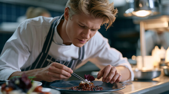 Molecular gastronomy dinner service plating moment, chef using offset tweezers to place edible flower on deconstructed beef tartare gel, restaurant pass under harsh expo lighting, expeditor calling 