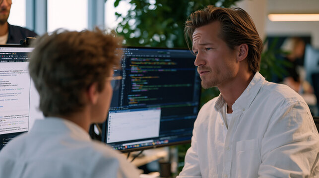 Over-the-shoulder perspective of a junior developer showing a bug report to a founder at a standing desk, the founder's face tense, a user complaint thread open on a second monitor, the hidden cost 