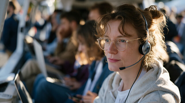 Overcrowded startup team squeezed into a van retrofitted as a mobile office parked outside a tradeshow venue, laptops balanced on knees, printer jammed, co-founder on a headset negotiating a partner