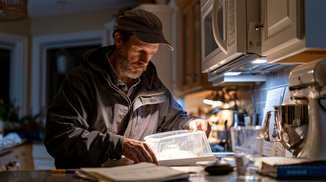 Sourdough obsessive pulling starter from proofing drawer at 3am checking rise, kitchen lit only by appliance lights, handwritten alarm note on counter, fermentation anxiety documented in baking jour