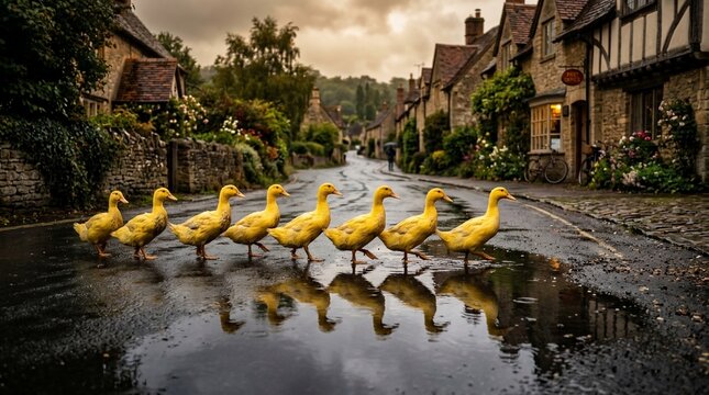 Yellow ducks walking on wet village street