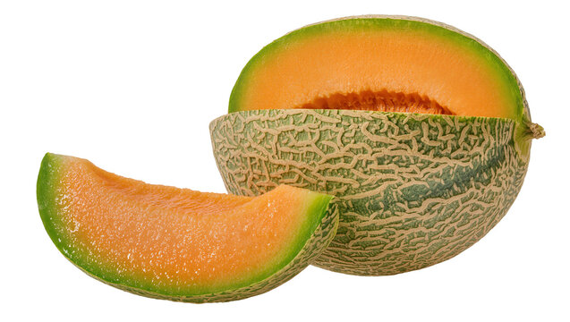 Cantaloupe melon half with slice showing orange flesh and green rind, isolated on transparent background