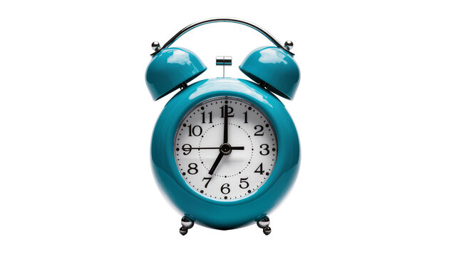 Retro twin bell alarm clock with teal casing, isolated on transparent background