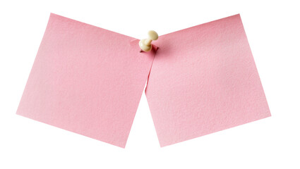 Two pink paper notes joined by a cream pushpin, isolated on transparent background © Luca