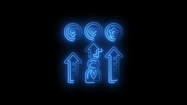 Neon glowing icon of a business person with growth arrows and feedback symbols representing career advancement and performance evaluation