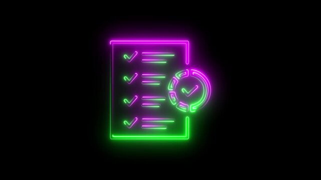 Neon glowing checklist icon with check marks on a dark background Glowing neon checklist and package icon on black background for delivery and task management