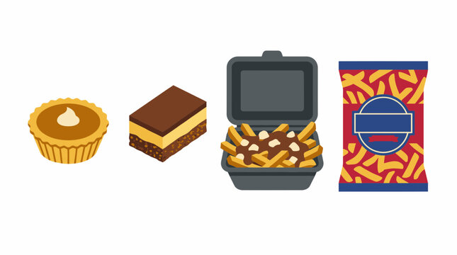 Canadian comfort food and dessert icons including poutine pie and fries.