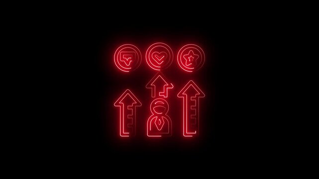 Neon glowing icon of a business person with growth arrows and feedback symbols representing career advancement and performance evaluation