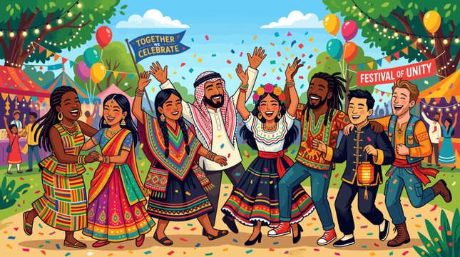 Diverse People Celebrate Unity Festival with Confetti and Balloons