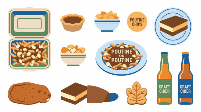 Canadian food and drink vector illustration set including poutine and maple syrup treats.
