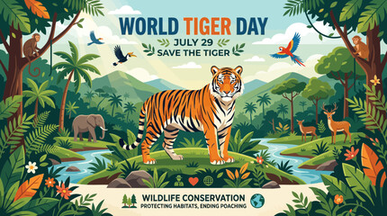 World Tiger Day Celebration: Majestic Tiger in Lush Jungle with Wildlife © il