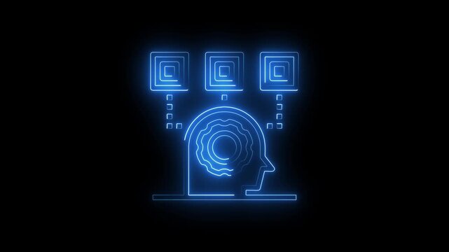 Neon glowing line icon of a human head with a gear inside and connected data squares representing artificial intelligence and machine learning