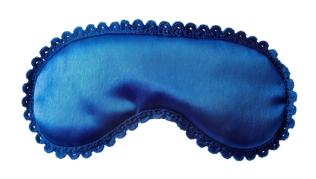 Blue satin sleep mask with decorative lace trim, isolated on transparent background