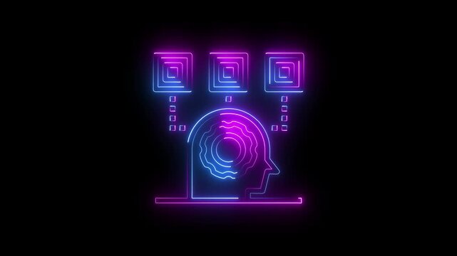Neon glowing icon of a human head with a gear inside connected to three square data nodes, representing artificial intelligence and machine learning technology